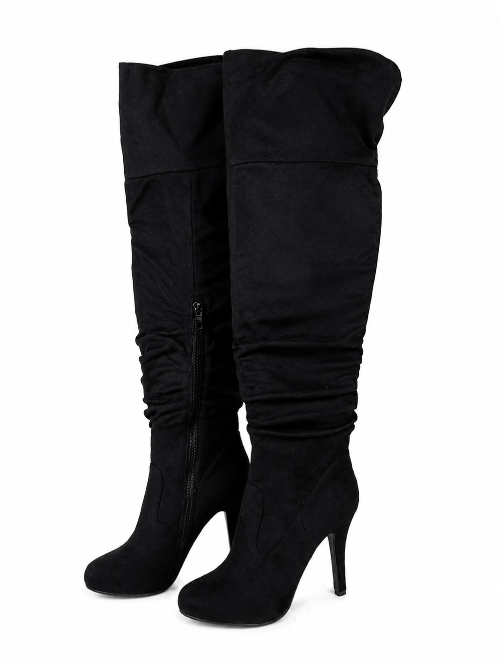 Black Over-the-Knee Stiletto Boots with Ruched Shaft